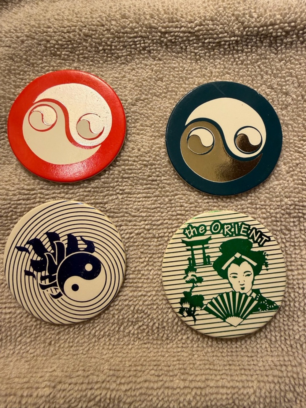 Vintage Cardboard POGS Set of 4 Yin Yang Red, Teal, Navy, Green